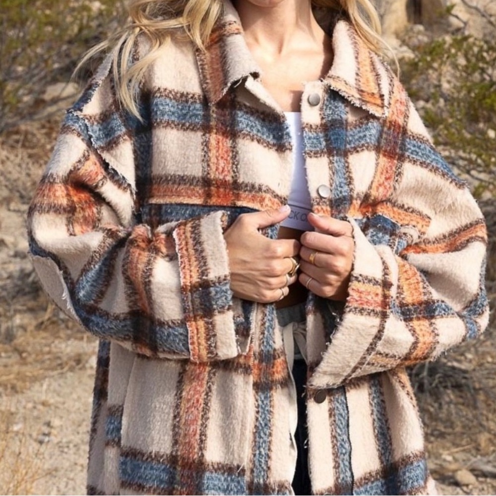 POL JACKET multi plaid orange, brown and blue! Size small